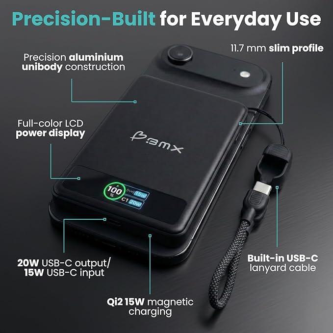 5K Magnetic Power Bank, Black, Qi2 Certified 15W Wireless Charger, LCD Display, Ultra-Slim Solid-State Battery Pack for iPhone 17/16, Lightweight Travel, Everyday Use USB-C Portable Charger