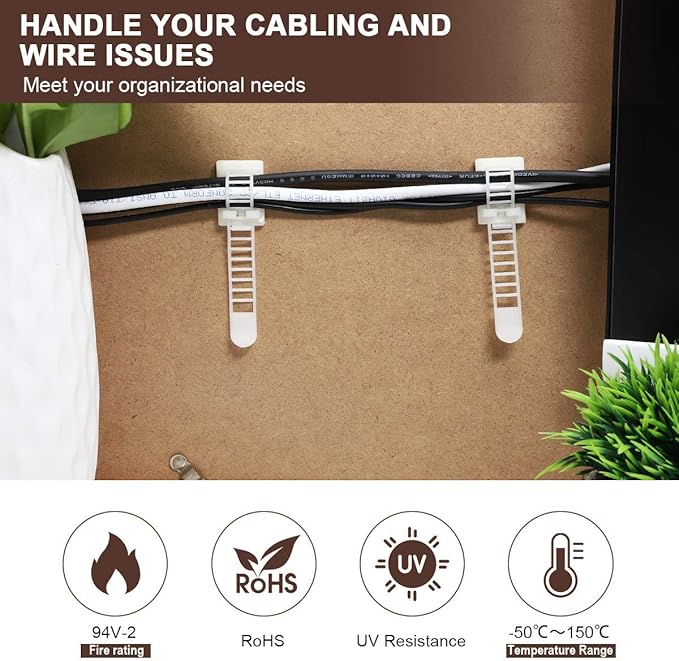 100Pcs Adhesive Cable Management Clips with 50Pcs Zip Ties, Adjustable Nylon Cable Strap Ties Wire Clips Clamps Organizer, Extra Screw & Hole - 3.35 Inch White