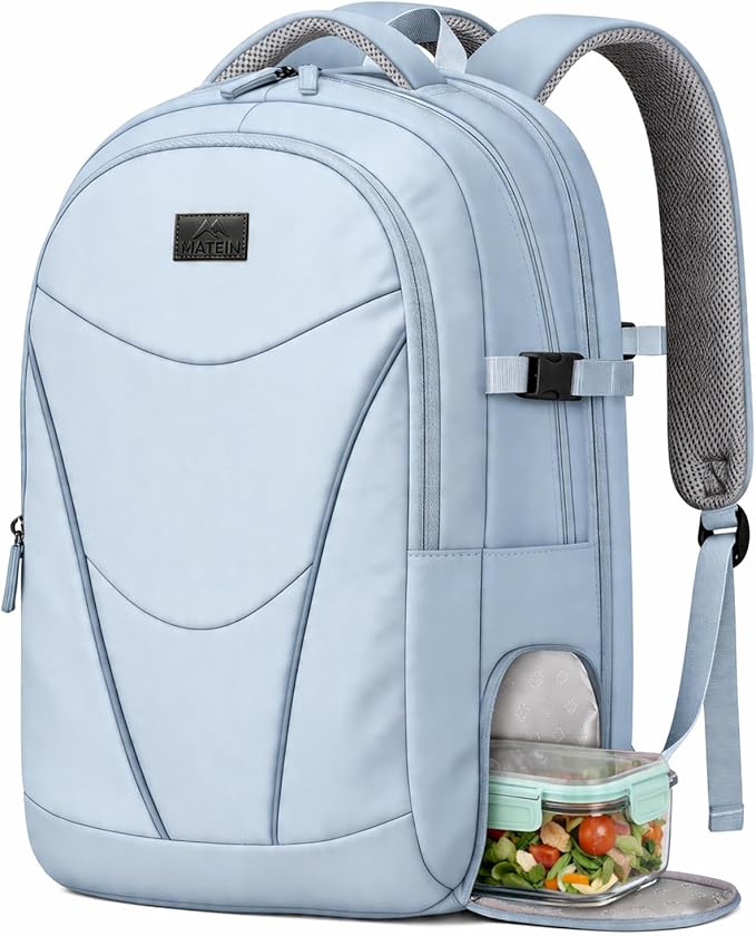 MATEIN HER Nurse Backpack for Women with Lunch Compartment, Water Resistant Work Backpack with Water Bottle Holder & RFID Pocket, Commute Office Business Travel Bag Fits 17.3'' Computer, Light Blue
