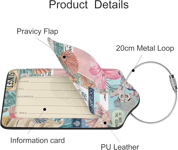 2 Pack Luggage Tags for Suitcases, PU Leather Bag Tag with Privacy Cover Address Card Travel Essentials-Summer Beach Collage