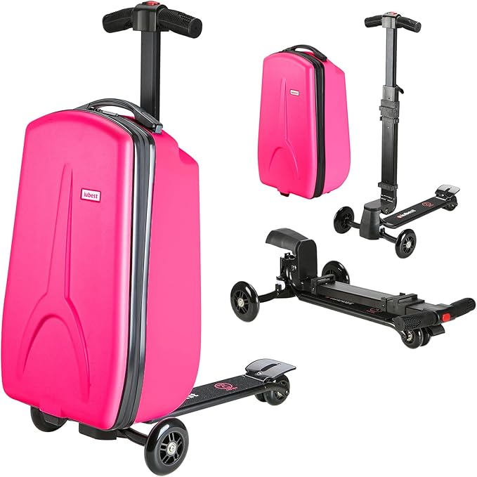 Scooter Luggage for Kids Scooter Suitcase for Ages 4-12, 4 in 1 Kids Luggage Boarding Suitcase Detachable & Foldable Scooter Travel Trolley Ride On Luggage-Fuchsia