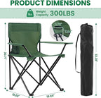 2-Pack Foldable Camping Chairs with Cup Holder, 300LB Lawn Portable Folding Chairs for Adults, Lightweight Outdoor Beach Chairs with Carry Bag for Camp, Fishing, Sports (Green)