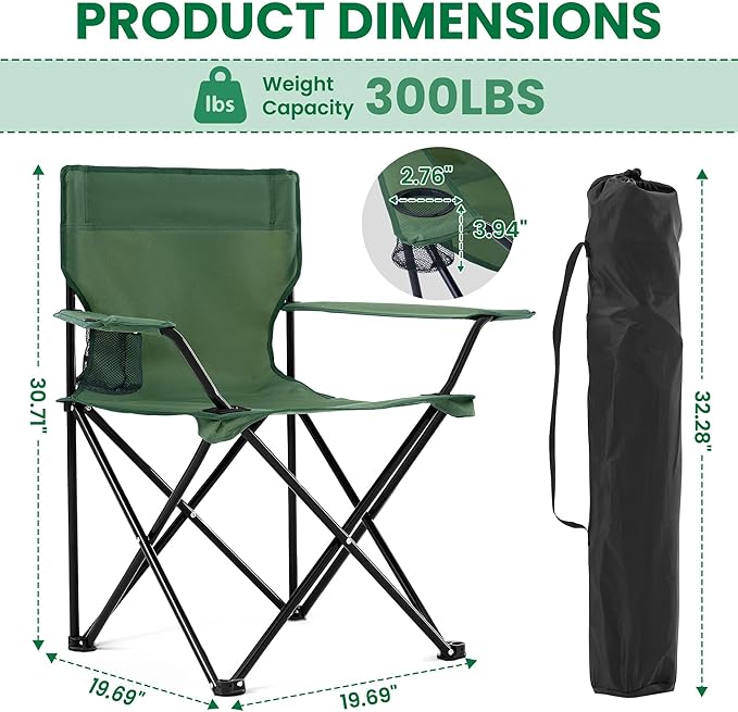 2-Pack Foldable Camping Chairs with Cup Holder, 300LB Lawn Portable Folding Chairs for Adults, Lightweight Outdoor Beach Chairs with Carry Bag for Camp, Fishing, Sports (Green)