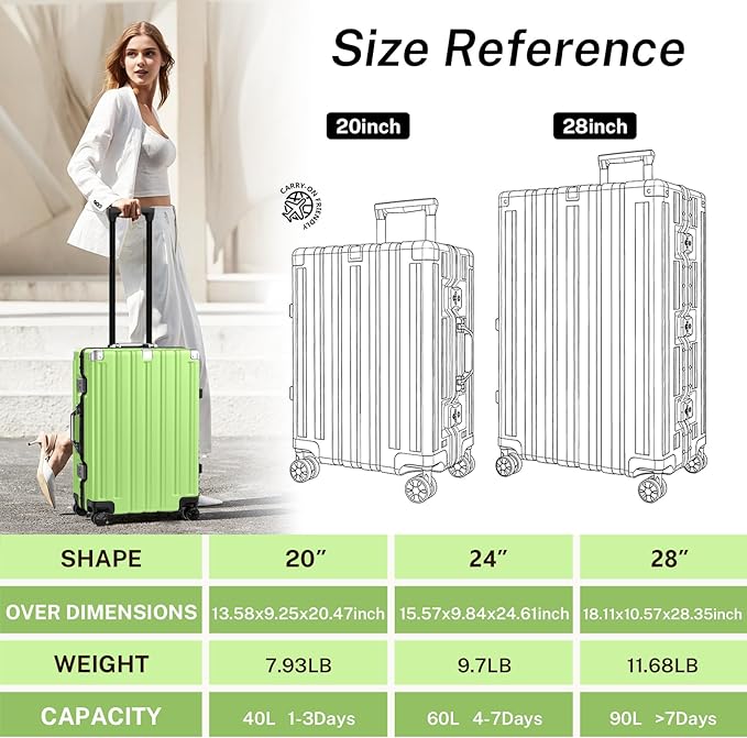 Krute Carry On Luggage 20 inch Aluminum Frame Luggage with Spinner Wheels Hardshell No Zipper PC+ABS TSA Lock Zipperless Suitcases Green