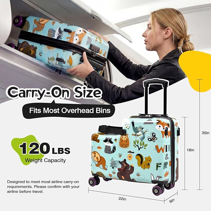 smilesun 20" Ride-On Suitcase for Kids, Cute Pattern, Lightweight Hardshell Carry-On Luggage with Double Spinner Wheels, TSA Lock for Boys & Girls（Green）