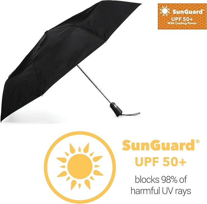 totes Portable Umbrella for Travel – Compact for Car, Backpack and Purse – Windproof, Strong, UV Sun Protection, Water-Repellant, Foldable On-the-Go Umbrella with One Touch Open/Close