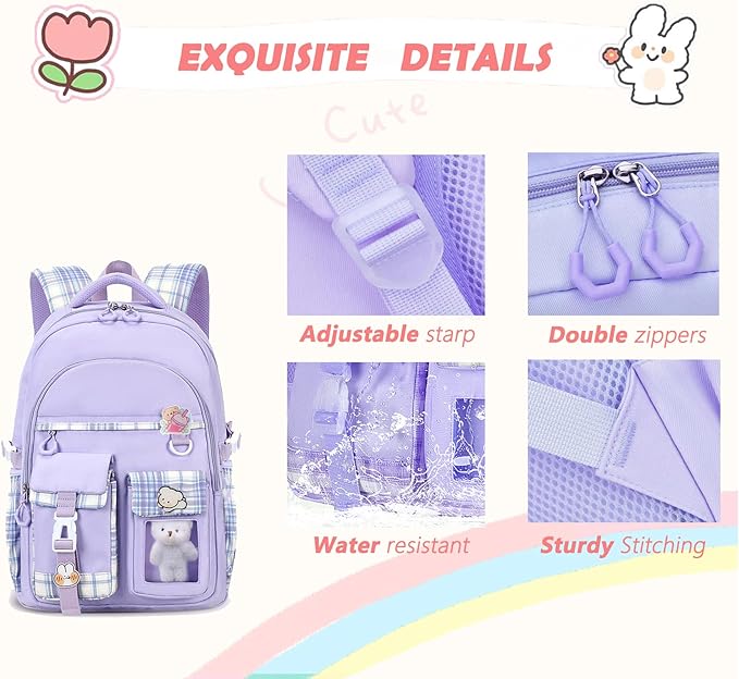 PRLINJSK Girls Backpack，Cute School Backpack for Girls Kids Teens，Kawaii Bookbag for Primary Elementary，Purple