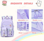 PRLINJSK Girls Backpack，Cute School Backpack for Girls Kids Teens，Kawaii Bookbag for Primary Elementary，Purple