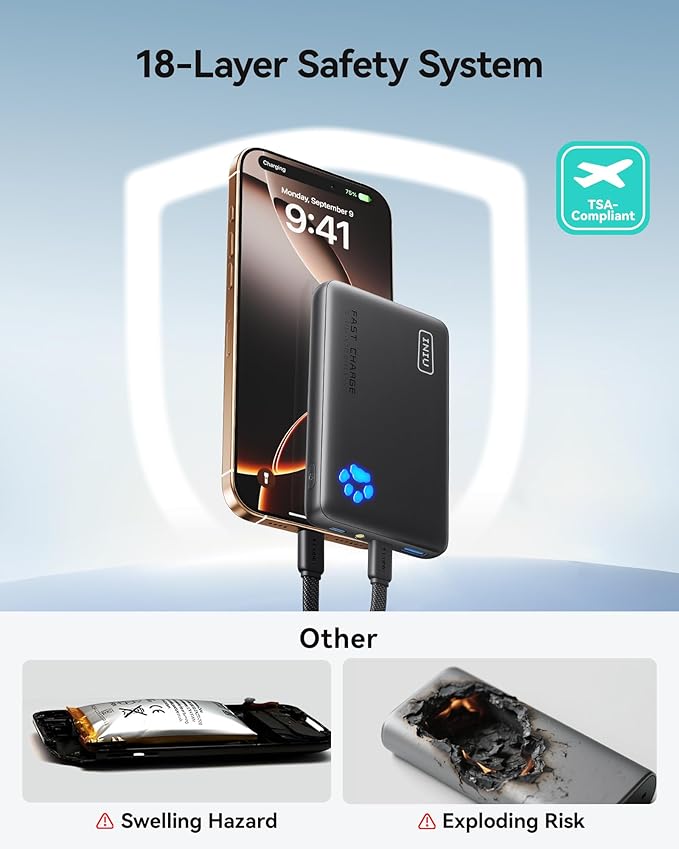 INIU Portable Charger, Ultra Slim 45W Fast Charging with Attached USB C Cable, 10000mAh Power Bank Battery Pack, Travel Essential Phone Powerbank for iPhone 17 16 Samsung S25 Google, Beige