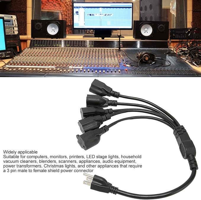 Extension Cord Splitter, 3 Prong 1 to 5 Outlet Splitter, 16AWG 18AWG 5 Way Outdoor Outlet Extender for Computer LED Stage Light