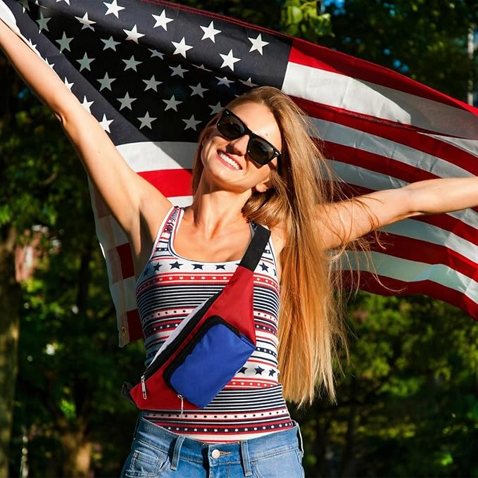 Abbylike 6 Pcs 4th of July Neon Fanny Packs 250th Anniversary Adjustable Waist Bags Patriotic Style Party Outfit Accessories for Women Men Travelling Outdoors Cycling Independence Day