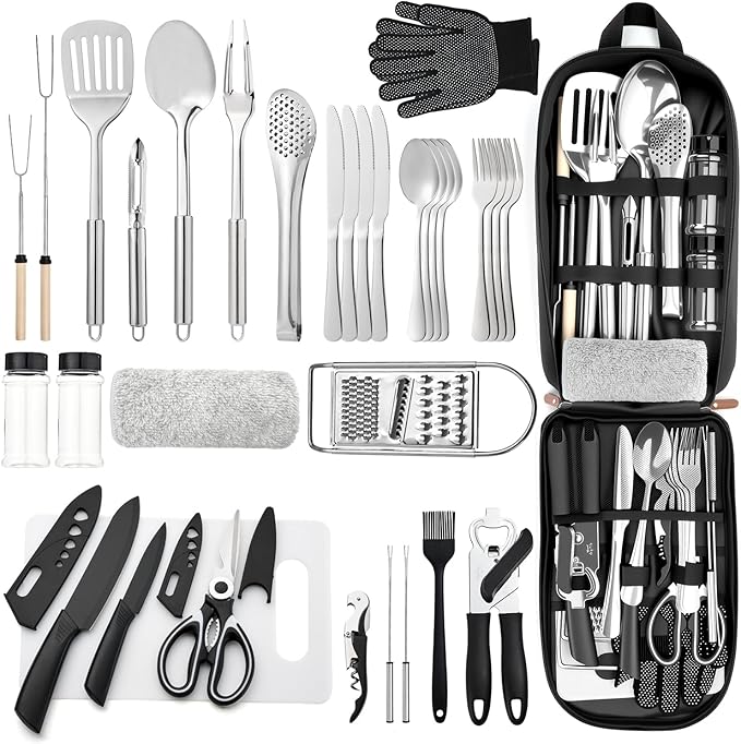 THTYBROS Portable Camping Kitchen Utensil 34 Pcs Set- Cookware Kit, Stainless Steel Outdoor Cooking and Grilling Utensil Organizer Travel Set Perfect for Travel, Picnics, RVs, Camping, BBQs, Parties