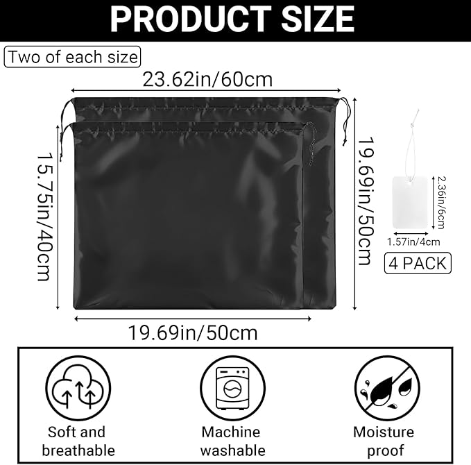Satin Dust Bags for Purses and Handbags - Purse Storage Organizer with Drawstring, Dustproof Travel Storage Pouches for Handbags, Shoes, Boots & Clothes (2 Pack 15.7"x19.7", 2 Pack 19.7"x23.6", Black)