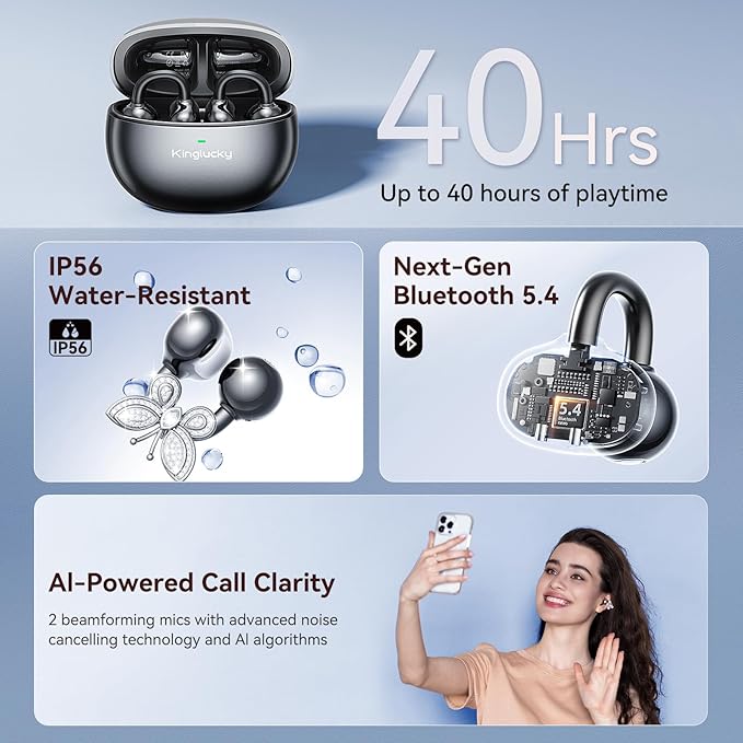 Kinglucky Jewelry-Inspired Clip-On Earbuds with Butterfly Earrings, Comfortable Fit & 50H Playtime Open Ear Bluetooth 5.4 Wireless Headphones for Women, Small Ears, Sports & Workouts (Black)