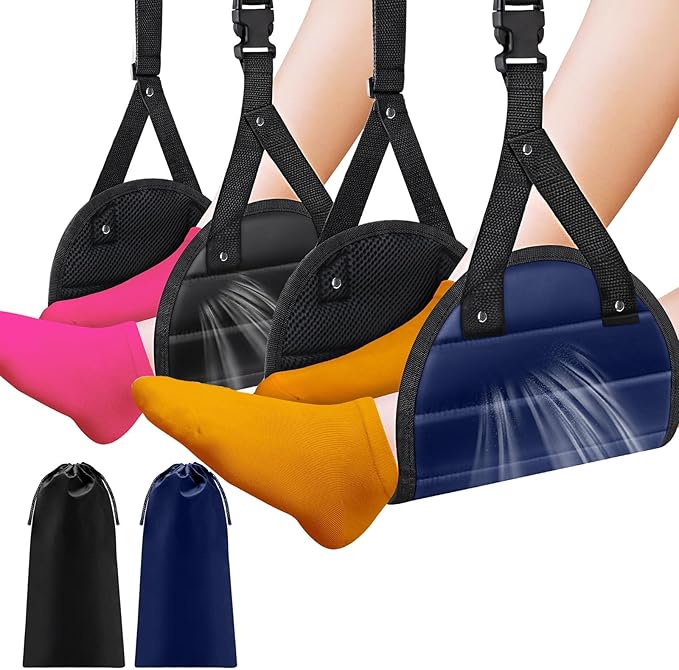 Airplane Foot Hammock for Plane Travel, Foot Sling for Airplane Travel,Portable Leg Hammock for Foot & Leg Support, Improve Comfort, A Must-Have for Long Flights, Work, Travel, 2 Pack, Black & Blue
