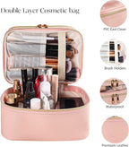 Pink Makeup Bag, Leather Double Layer Makeup Bag,Travel Accessories Toiletry Bag for Women,Travel Essentials Cosmetic Bag