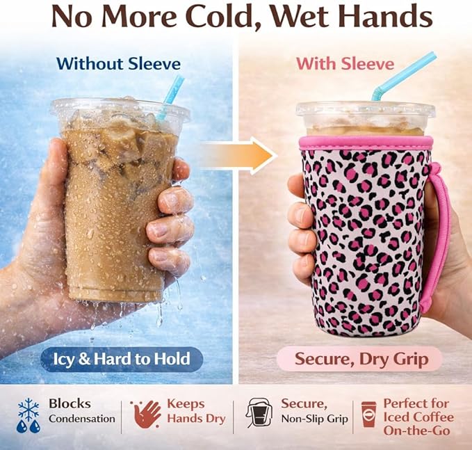 KJQJLY 3 Pack Reusable Iced Coffee Sleeves for Iced Coffee Cups or Drinks Reusable Neoprene Insulated Sleeves for Hot and Cold Drinks from Starbucks, Dunkin, And More (pink leopard print)