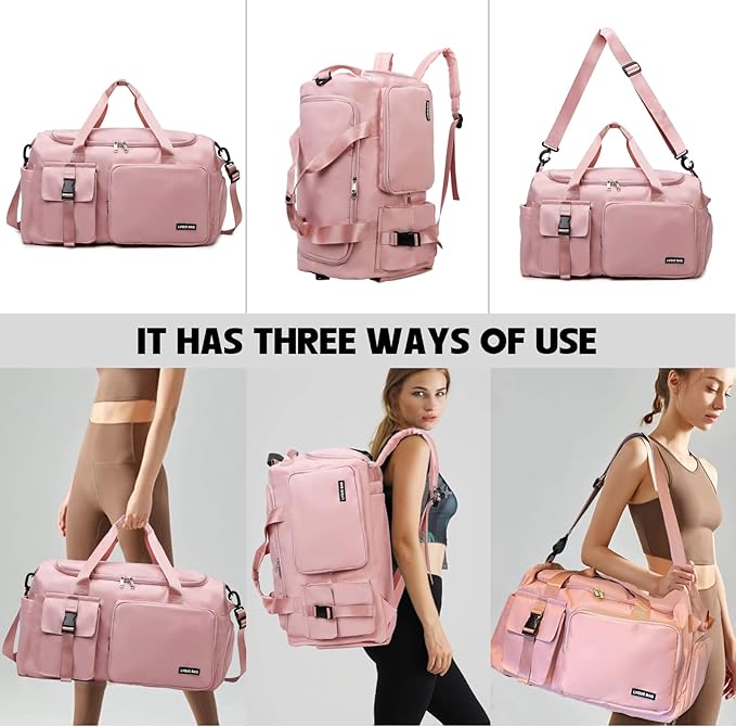 Eslcorri Gym Duffle Bag for Women Men, Sports Backpack with Wet & Shoe Compartment, Fitness Overnight Weekender Bag for Yoga, Swim, Travel (Style B, DarkPink)