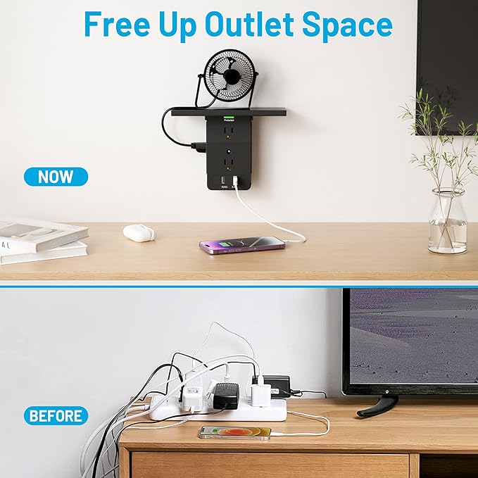 Socket Wall Shelf-CFMASTER 10 Port Surge Protector Wall Outlet, 8 Electrical Outlet Extenders and 2 USB Ports 2.4A, with Removable Built-In Shelf, FCC Listed (2, Black)