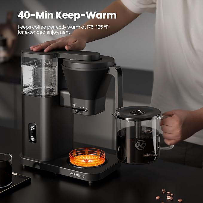 Kismile SCA-Certified 8 Cup Drip Coffee Maker, Pour Over Coffee Machine with 3s Instant Heat 197–205℉, Adjustable Flow Control, Removable Water Tank, Deep Cold Brew & 40 Min Keep Warm (Black)