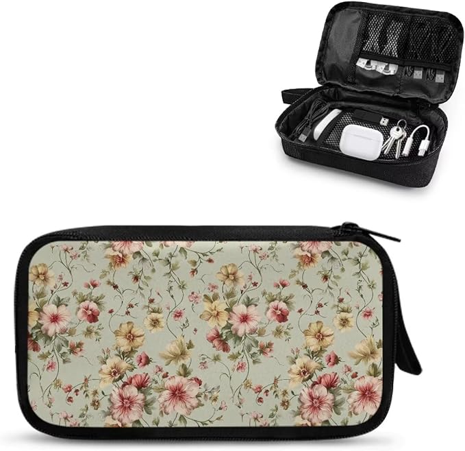 Vintage Flower Print Cable Organizer Bag, Waterproof Travel Electronic Storage, Shockproof Portable Tech Bag Carrying Case for Cord, Earbuds, Charger, SD Card, Tech Gifts
