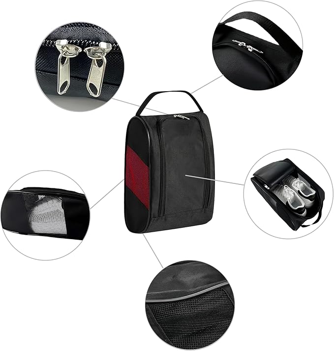 Portable Oxford Golf Shoes Bag, Sports Shoe Bag with Ventilation, Waterproof Travel Shoes Bag, Shoes Storage Organizer with Zipper Closuren for Outdoor, Sports, Golf, Travel, Gem (Black+Red)
