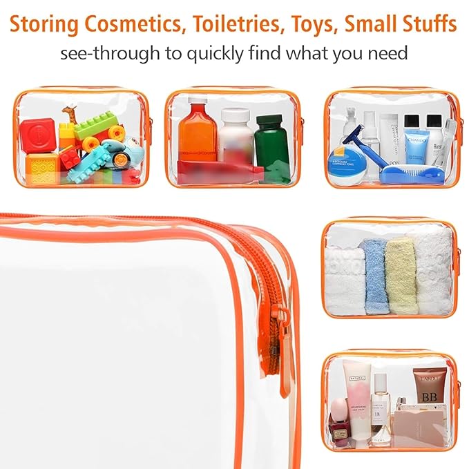 PACKISM Clear Makeup Bag with Zipper, 3 Pack Beauty Clear Cosmetic Bag TSA Approved Toiletry Bag, Travel Toiletry Bag, Quart Size Bag Carry on Airport Airline Compliant Bag, Orange