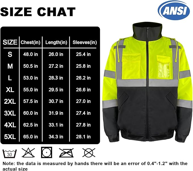 HYCOPROT Hi-Vis Safety Jacket for Men High Visibility Reflective Bomber Winter Waterproof Work Construction Coat ANSI Class 3