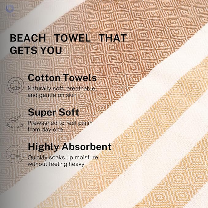Cotton Turkish Beach Towel with Towels Oversized 36"x72" Pool Absorbent Extra Large Quick Dry Sand Travel Towel (Biscotti Luxe, 4 Pack)