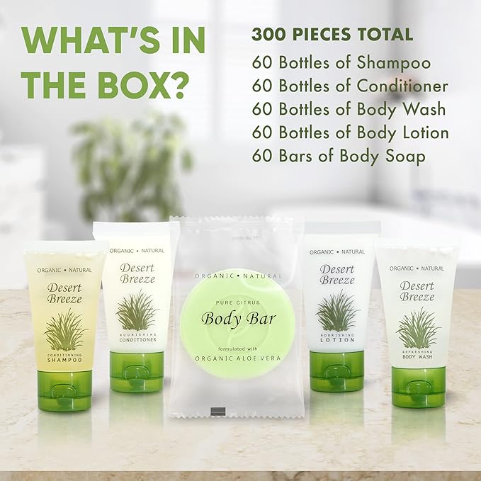 Travel Size Hotel Toiletry Set 300 Count 1 oz Bottles Guest Amenities for Vacation Rentals and Short Term Rentals Paraben Free Green Tea Lemongrass Scent Infused with Aloe and Olive Oil |Desert Breeze