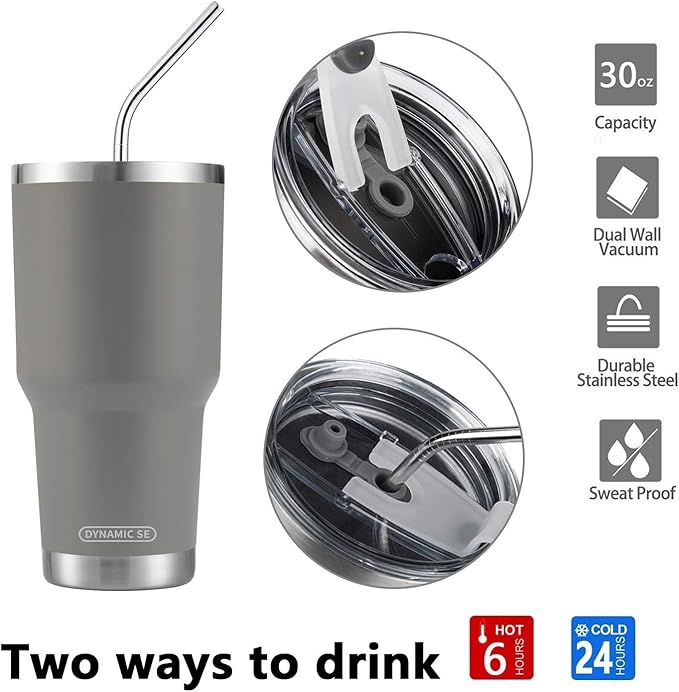 D·S 30oz Grey Tumbler Stainless Steel Insulated Travel Mug with Straw Lid Cleaning Brush (30oz Grey)