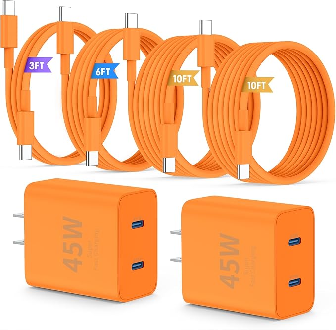 QZIIW iPhone 17 16 15 Pro Max Charger Fast Charging,45W Dual Port USB C Fast Charger Block [2-Pack] & Extra Long 60W 3/6/10/10FT USB C Cable - PD Quick Adapter 3.0 for iPhone 16 15 17/16 15 17 Pro.
