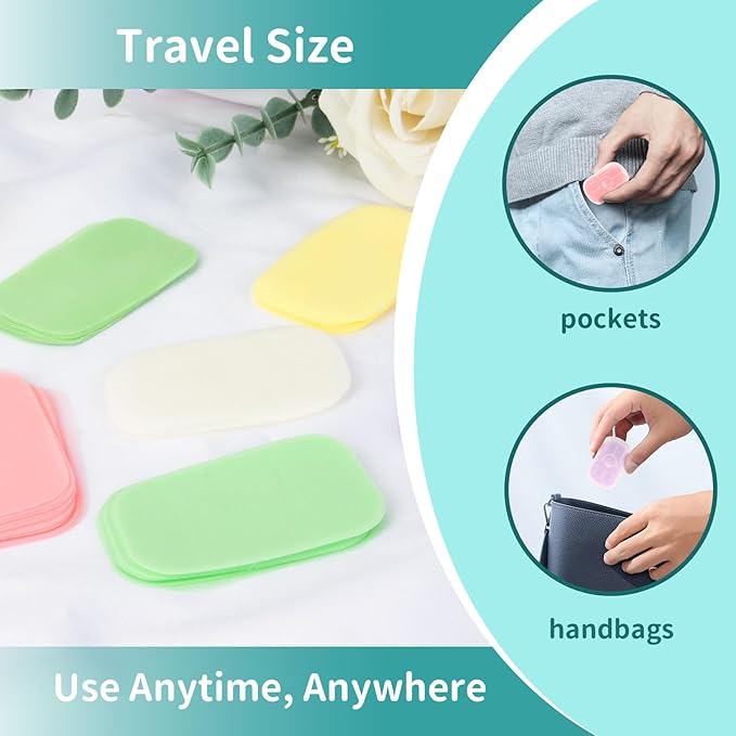 300 Paper Soap Sheets for Travel - 6packs Travel Size Foaming Hand Soap Sheets Refills with 1 Portable Box for Hand Washing Disposable Scented Mini Flakes Traveling Camping Hiking Essentials