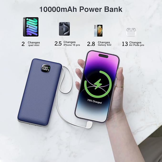 penaover Portable Charger with Built-in Cables&AC Wall Plug,Slim 10000mAh 22.5W Fast Charging Power Bank,5 Output 2 Input USB-C External Battery Pack Compatible with iPhones,Samsung,Android, etc