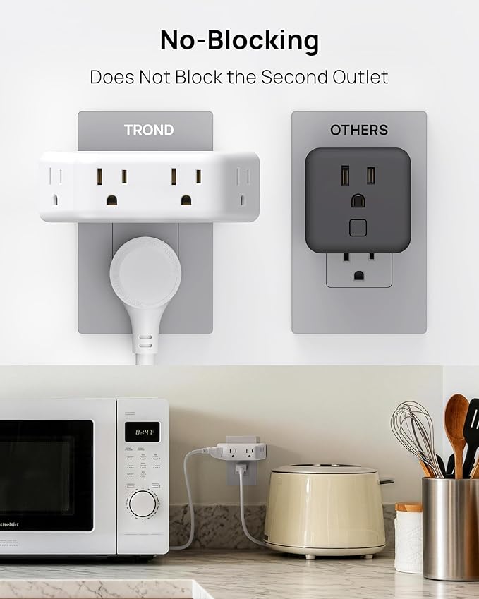 TROND Wall Outlet Extender 3 Pack - Surge Protector Outlet with 4 Grounded Sockets, 3 Way Angled Plug Adapter, 900J, Multiple Wall Splitter for Home Office Dorm Room Essentials, White