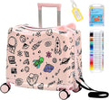 Kids Ride-On Suitcase with Cute Ears, DIY Graffiti Coloring Design, 20" Carry-On Luggage with 4 Spinner Wheels, Pull Rope & Combination Lock – Rideable Travel Case for Toddlers & Children(Pink)