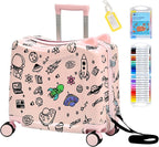 Kids Ride-On Suitcase with Cute Ears, DIY Graffiti Coloring Design, 20" Carry-On Luggage with 4 Spinner Wheels, Pull Rope & Combination Lock – Rideable Travel Case for Toddlers & Children(Pink)