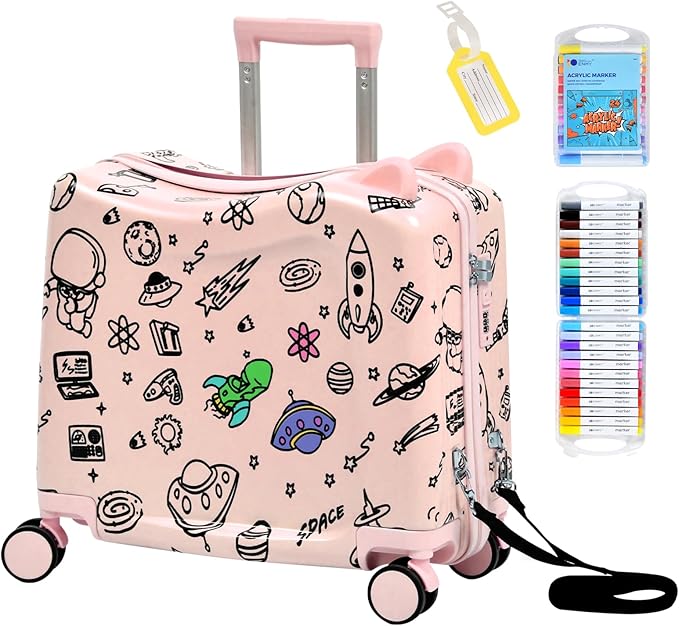 Kids Ride-On Suitcase with Cute Ears, DIY Graffiti Coloring Design, 20" Carry-On Luggage with 4 Spinner Wheels, Pull Rope & Combination Lock – Rideable Travel Case for Toddlers & Children(Pink)