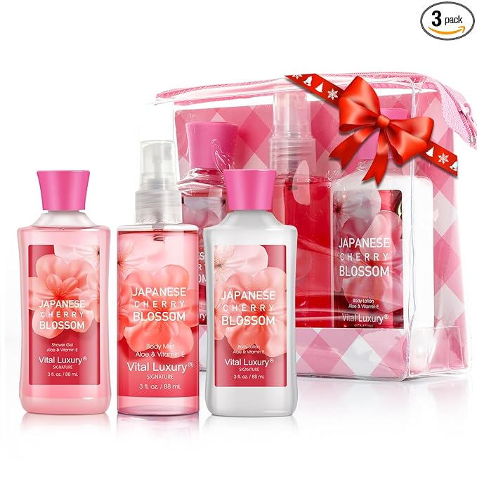 Bath and Body Care Travel Set - Home Spa Set with Body Lotion, Shower Gel and Fragrance Mist, Personal Body Care Travel Set for Birthday Christmas New Year Gifts(Japanese Cherry Blossom)