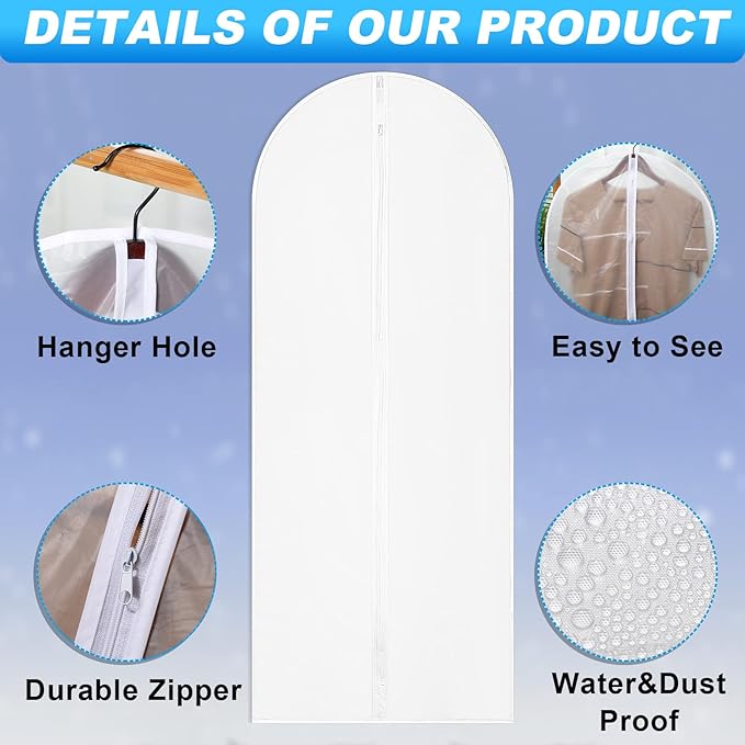 Weysat Set of 36, 24 x 60 Inch Hanging Garment Bag Clear Garment Covers Plastic Clothes Protectors for Hanging Clothes Storage Full Zipper Suit Bags PEVA Breathable Cover for Clothing Coat