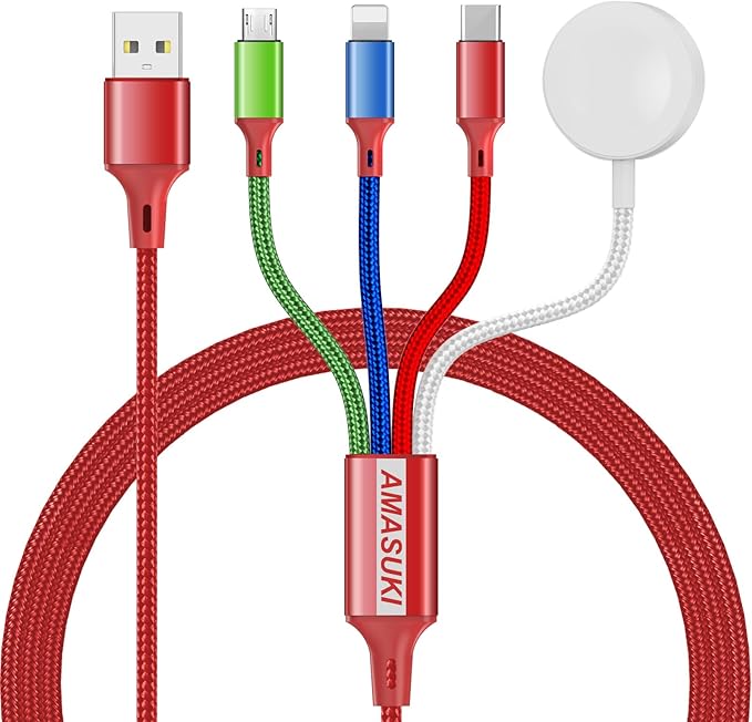 Amasuki Travel Essentials,4 in 1 for Apple Watch Charger/iPhone Charger/Multi Charging Cable,Vacation RV Camping Essentials,USB C/L/Micro Portable Charger for iWatch 11-1/iPhone 17-12,Car&Gift-Red
