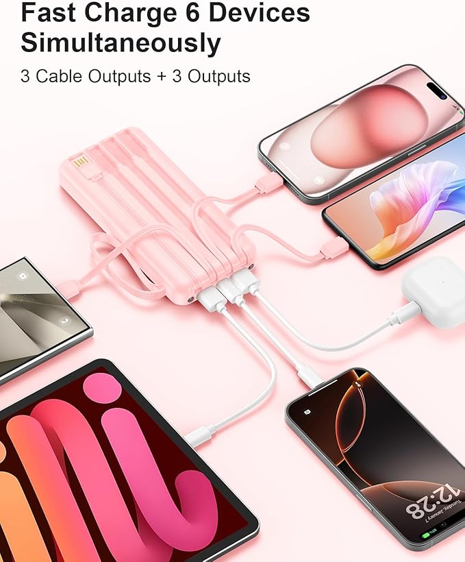 Portable Charger with Built in Cables, Slim 10000mAh Fast Charging 22.5W Power Bank USB C LED Display Battery Pack 6 Outputs & 2 Inputs for iPhone Samsung Pixel LG Moto iPad