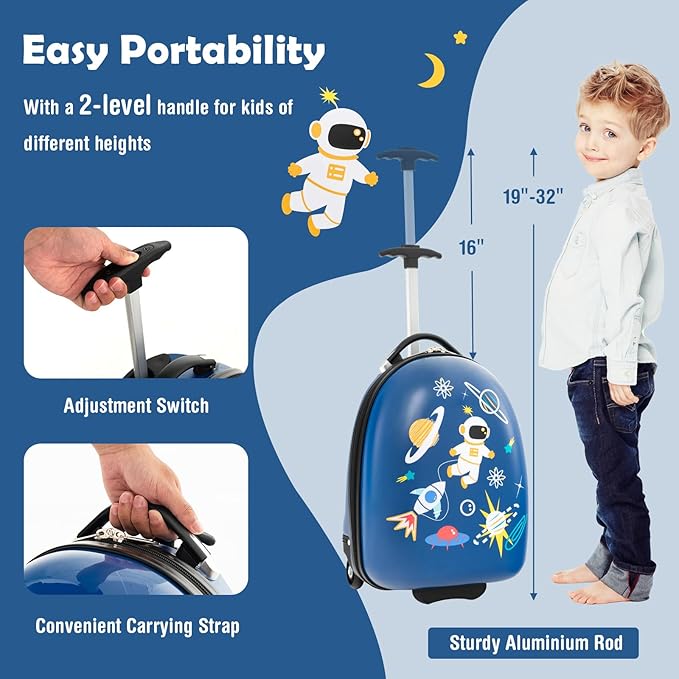Goplus Kids Luggage, 16’’ Carry On Suitcase with Wheels, Waterproof Hard Shell, Lightweight Rolling Luggage for Travel, Birthday Gifts for Toddlers, Children, Boys, Girls (Blue-Astronaut)