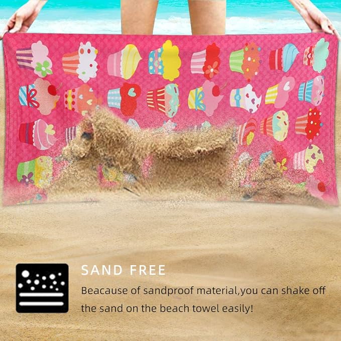 Microfiber Beach Towel Set Oversized Large Quick Dry Soft Thin Sand Free Cute Ice Cream Design 30×60 inch Beach Towels for Kids Women Men Pool Swim Beach Essentials Accessories - Pink