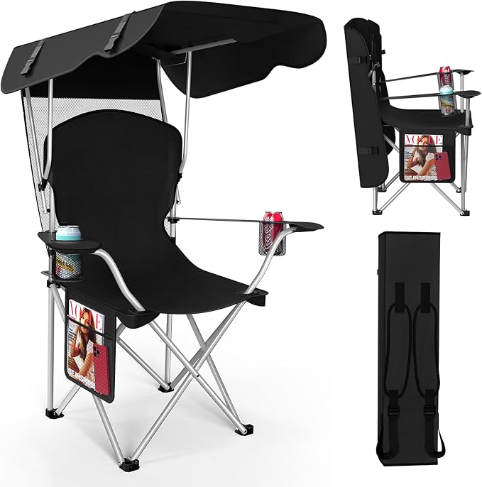 VTOY Portable Camping Chair with Canopy - Folding Chair with Canopy, Durable 600D Oxford Canopy Chair for Camping, Beach, Picnics, Fishing & Sports