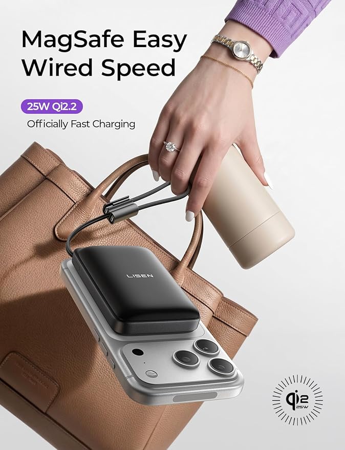 LISEN Qi2.2 25W for Magsafe Power Bank, 65W USB C Fast Charging, 10000mAh Magnetic Wireless Portable Charger with Detachable Cable, Small Battery Pack Compatible with iPhone 15/16/17 (Black)