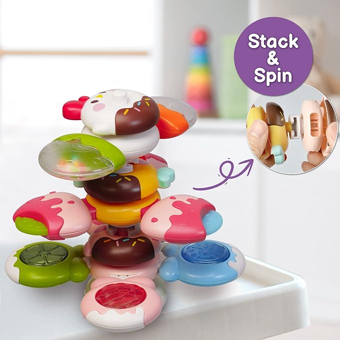 LiKee Strong Suction Cup Fidget Rotating Sensory Bath Toys for Baby Christmas Stocking Stuffers, Airplane Car Travel Table & Window Toys for Toddler Boys and Girls, 10+ Months