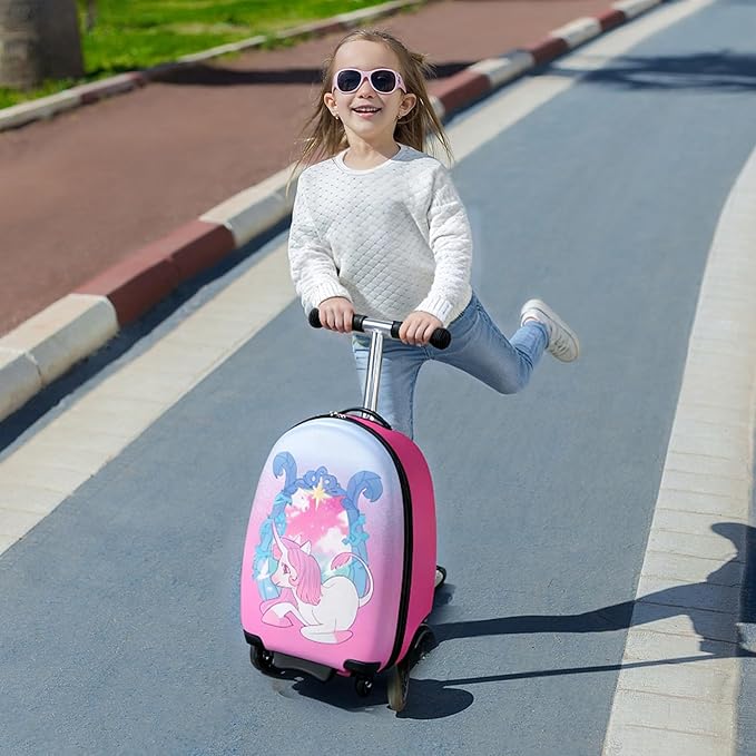 Scooter Suitcase for Kids, Ride on Luggage for Girls Aged 3-8, Scooter Luggage with LED Wheels