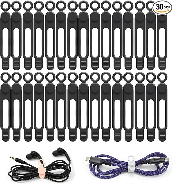 30Pcs Silicone Cord Organizer Reusable 3in Cable Ties for Charging Cords, Data Cables, Computer Wires Electrical Cord Organization Black