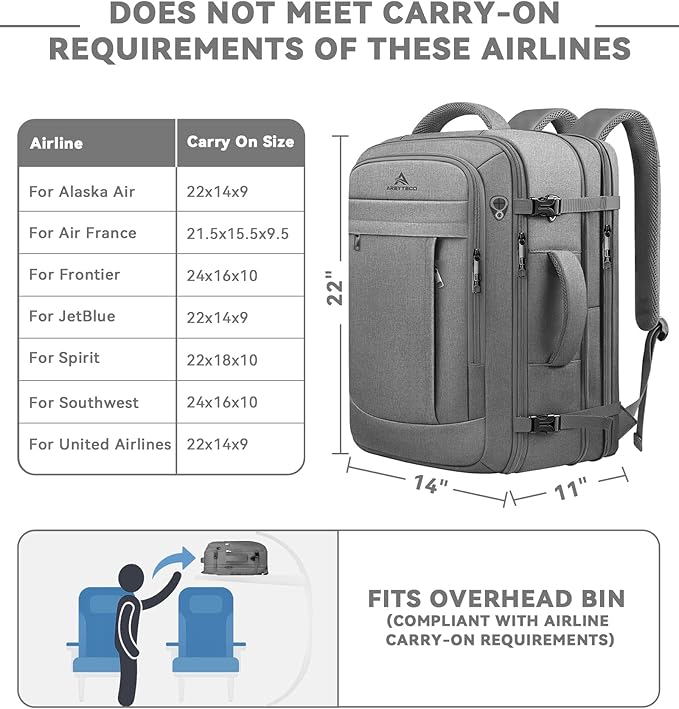 AREYTECO 60L Travel Laptop Backpack for Men, Extra Large Backpack, Big Capacity Carry On Backpack, 18-19 Inch Laptop Backpack Water Resistant Luggage Computer Daypack College Bag, Grey